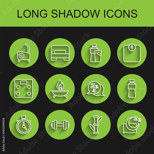 Set line Stopwatch, Dumbbell, Stationary bicycle, Bamboo, Time sleep, Aroma candle, Bottle of water and Sleepy icon. Vector