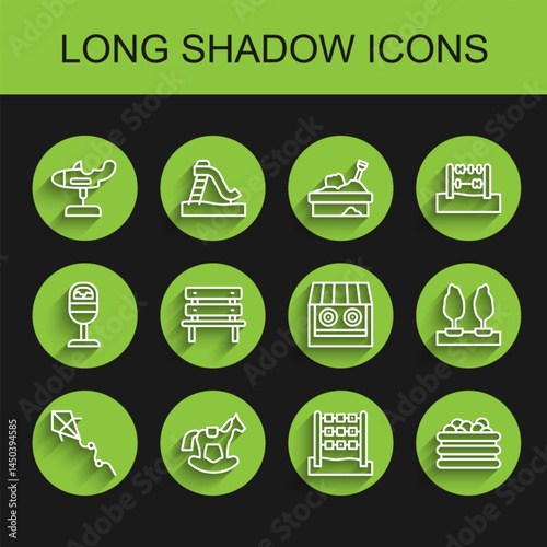 Set line Kite, Horse in saddle swing, Swing plane, Tic tac toe game, Pool with balls, Bench, Forest and Shooting gallery icon. Vector