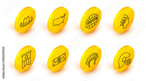 Set line American football helmet, Indian headdress with feathers, Stacks paper money cash, flag, Native, Vote, USA map and Western cowboy hat icon. Vector