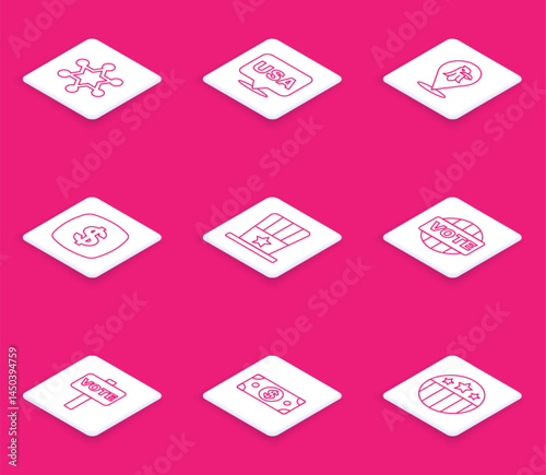 Set line Hexagram sheriff, USA Independence day, Eagle, Dollar symbol, Patriotic American top hat, Vote, and Stacks paper money cash icon. Vector