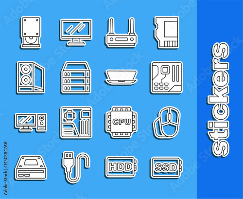 Set line SSD card, Computer mouse, Motherboard digital chip, Router and wi-fi signal, Server, Data, Web Hosting, Case of computer, Optical disc drive and Laptop icon. Vector