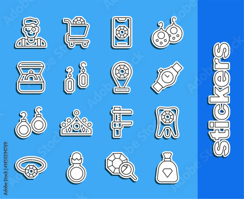 Set line Bag with gems, Tooth diamond, Wrist watch, Jewelry online shopping, Earrings, Diamond engagement box, Jeweler man and store icon. Vector