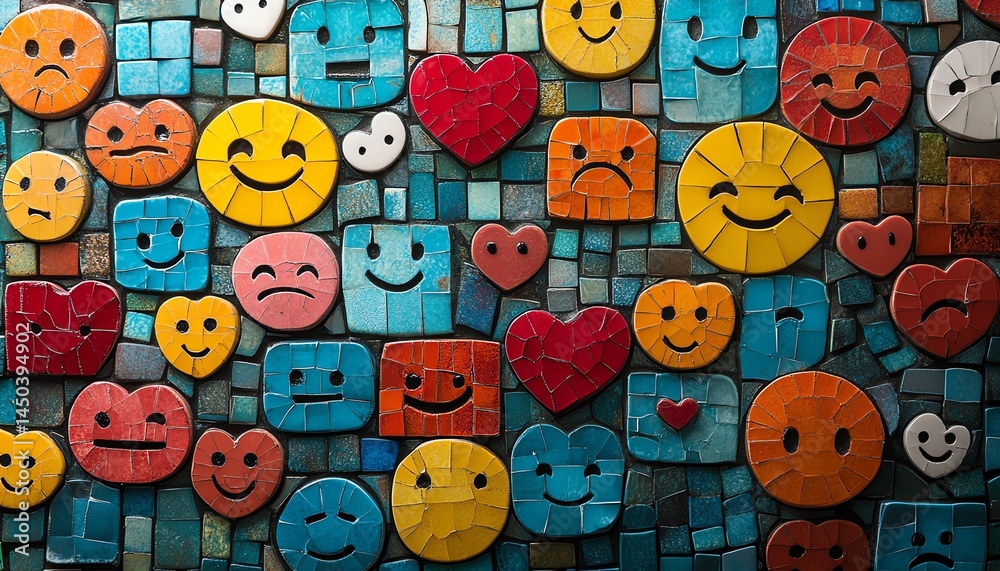 Colorful mosaic of smiley faces and hearts. Happy, cheerful art.
