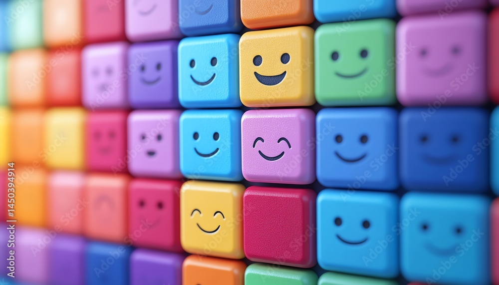 Colorful smiley face blocks, positive vibes, happiness.