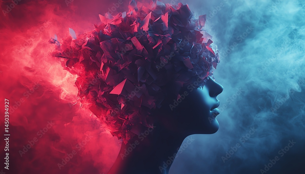 Abstract art: Woman's face shattering into ice crystals.