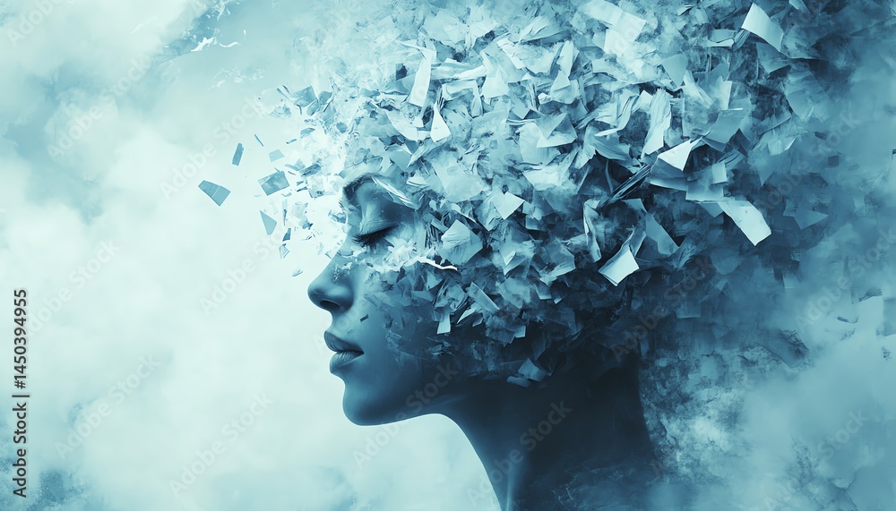 Abstract art: Woman's face shattering into ice crystals.