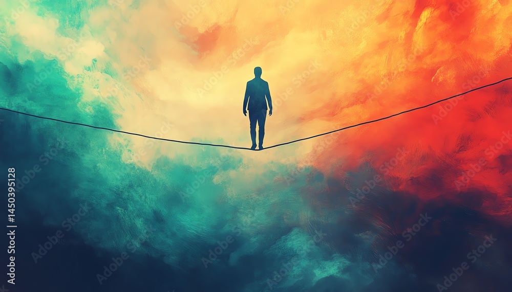 Silhouette balancing on a tightrope above vibrant clouds.