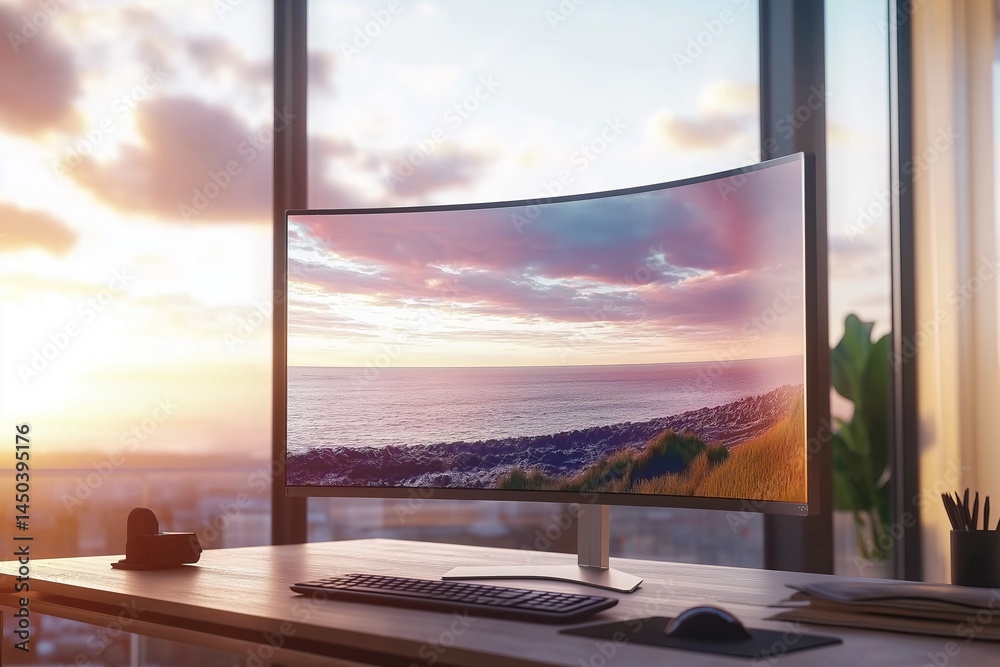 Fototapeta premium A cozy desk setup with a computer monitor displaying a sunset over the ocean, in front of a large window