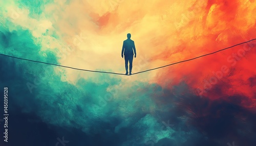Obraz na płótnie Silhouette balancing on a tightrope above vibrant clouds. w salonie
