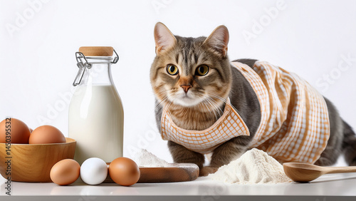 Gato “cozinhando” com avental e ingredientes ao redor
