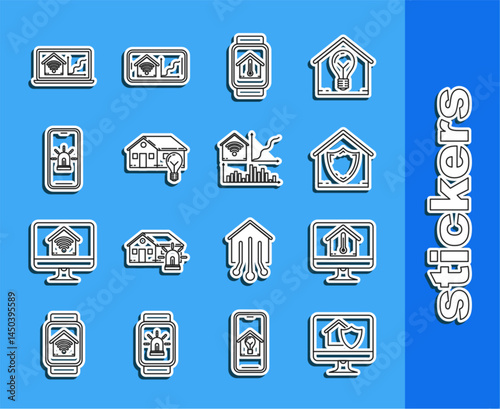 Set line Computer monitor with house under protection, temperature, House, Smart watch, and light bulb, Mobile phone smart alarm, Laptop home wi-fi and icon. Vector