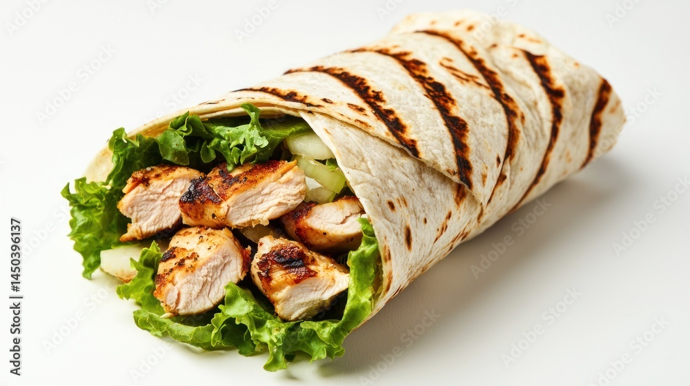 Open shawarma wrap with grilled chicken, lettuce, and tahini sauce on white background Open shawarma wrap with grilled chicken, lettuce, and tahini sauce on white background