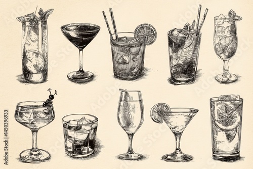 Hand-Drawn Illustrations of Various Cocktails and Mixed Drinks