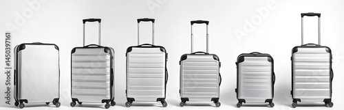 Six modern rolling suitcases aligned against a clean, minimalist, light background showcase variations in size