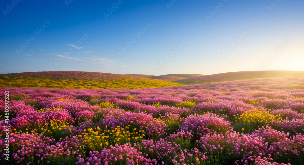Fototapeta premium Floral Paradise Expansive Meadow Under a Serene Sky at Golden Hour