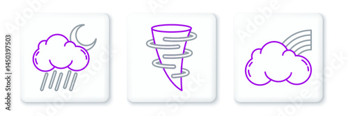 Set line Rainbow with clouds, Cloud rain and moon and Tornado icon. Vector