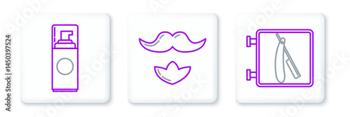 Set line Barbershop with razor, Shaving gel foam and Mustache and beard icon. Vector