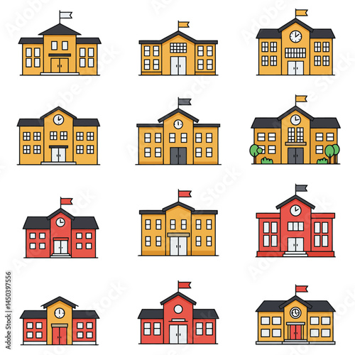 Illustrated collection featuring brightly colored school building icons with differing designs, roof colors, and styles, conveying educational concepts. Ideal for educational projects, school websites