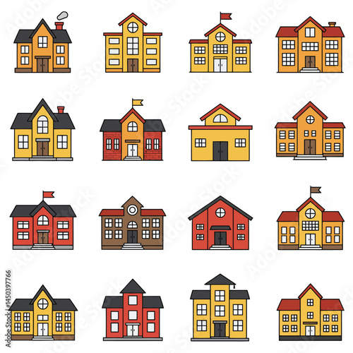 Illustrated collection featuring brightly colored school building icons with differing designs, roof colors, and styles, conveying educational concepts. Ideal for educational projects, school websites