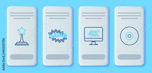 Set line Bang boom text speech bubble balloon, Computer PC monitor with 4k video technology, Movie trophy and CD DVD disk icon. Vector