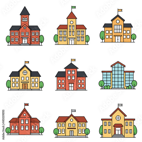 Illustrated collection featuring brightly colored school building icons with differing designs, roof colors, and styles, conveying educational concepts. Ideal for educational projects, school websites
