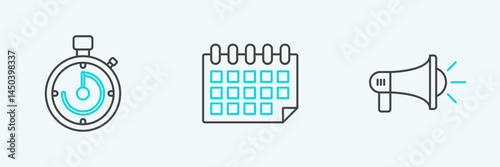 Set line Megaphone, Briefcase and Calendar icon. Vector