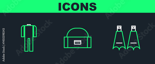 Set line Rubber flippers for swimming, Wetsuit scuba diving and Case box container wobbler icon. Vector