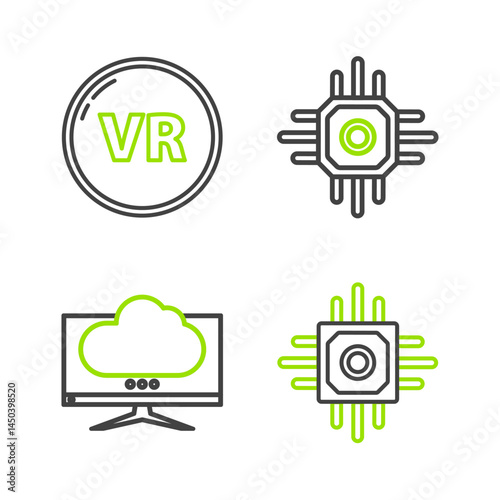 Set line Processor, Computer monitor screen, and Virtual reality icon. Vector