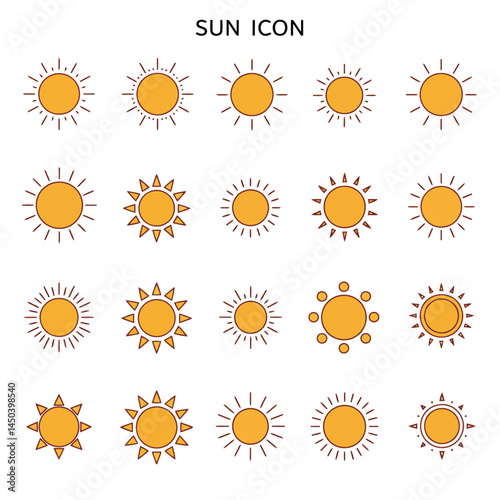 A set of minimalist sun designs showcasing different layouts and ray arrangements, symbolizing sunlight, warmth, energy, and positivity. Perfect for weather or summer thematic projects, infographics, 
