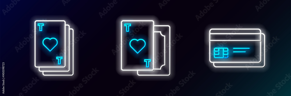 Set line Credit card, Playing with heart and icon. Glowing neon. Vector Set line Credit card, Playing with heart and icon. Glowing neon. Vector