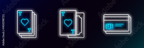 Set line Credit card, Playing with heart and icon. Glowing neon. Vector