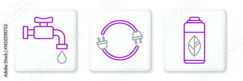 Set line Recycling plastic bottle, Water tap and Electric plug icon. Vector
