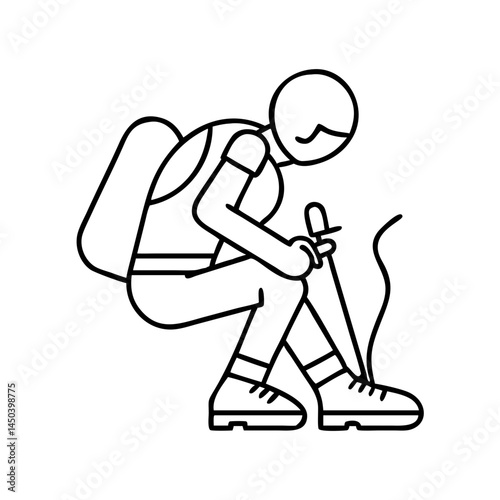 hiker tying shoelaces icon, hiker tying shoelaces line art - simple line art of hiker tying shoelaces, perfect for hiker tying shoelaces logos and icons