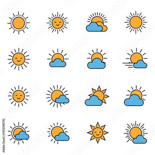 A set of minimalist sun designs showcasing different layouts and ray arrangements, symbolizing sunlight, warmth, energy, and positivity. Perfect for weather or summer thematic projects, infographics, 