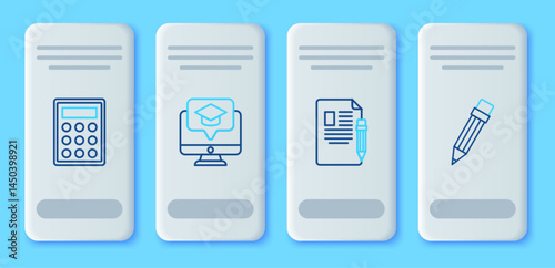 Set line Monitor with graduation cap, Exam sheet and pencil eraser, Calculator and Pencil icon. Vector