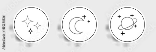 Set line Planet, Falling star and Moon and stars icon. Vector