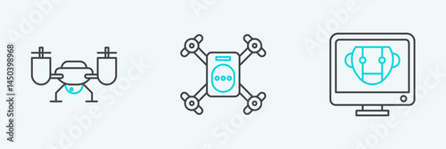 Set line Bot, Drone flying with action camera and icon. Vector