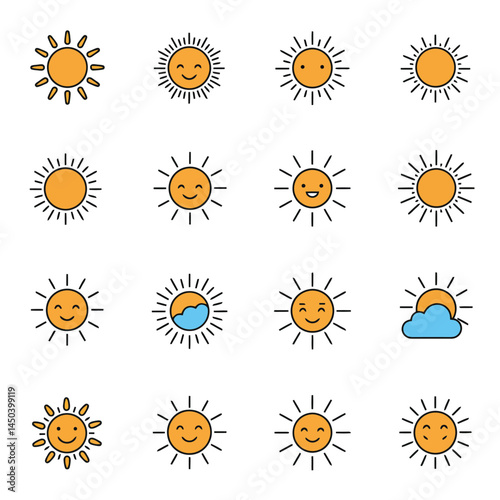 A set of minimalist sun designs showcasing different layouts and ray arrangements, symbolizing sunlight, warmth, energy, and positivity. Perfect for weather or summer thematic projects, infographics, 