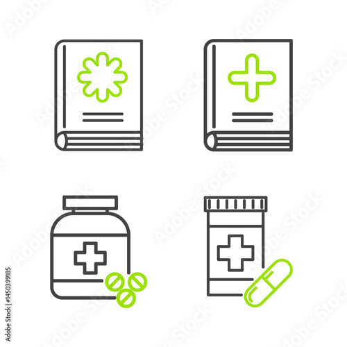 Set line Medicine bottle and pills, Medical book and icon. Vector