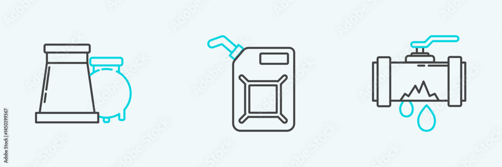 Set line Broken metal pipe with leaking water, Oil and gas industrial factory building and Canister for gasoline icon. Vector Set line Broken metal pipe with leaking water, Oil and gas industrial factory building and Canister for gasoline icon. Vector