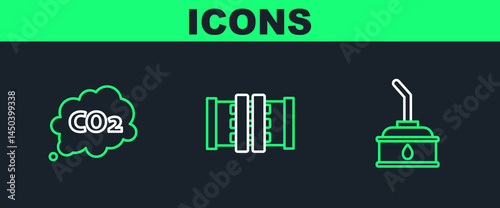 Set line Canister for motor machine oil, CO2 emissions cloud and Industry metallic pipes and valve icon. Vector