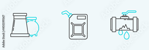 Set line Broken metal pipe with leaking water, Oil and gas industrial factory building and Canister for gasoline icon. Vector