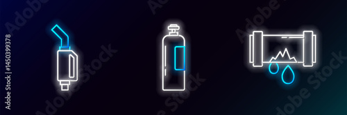 Set line Broken metal pipe with leaking water, Gasoline pump nozzle and Industrial gas cylinder tank icon. Glowing neon. Vector