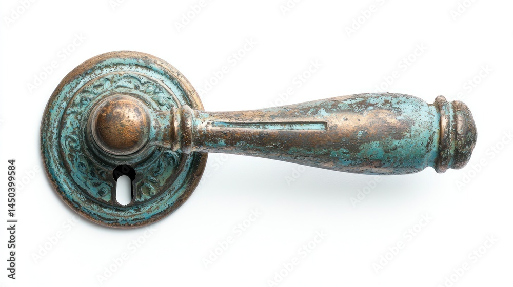 Oxidized antique bronze door handle with a weathered keyhole, on white Oxidized antique bronze door handle with a weathered keyhole, on white
