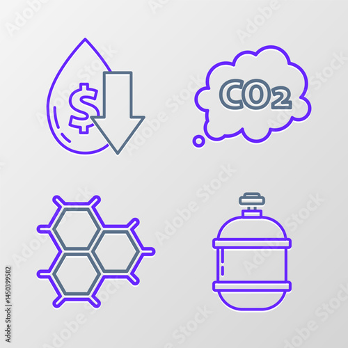 Set line Propane gas tank, Chemical formula consisting of benzene rings, CO2 emissions cloud and Drop crude oil price icon. Vector