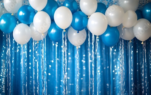 Festive background decoration for birthday celebration with confetti and blue balloons