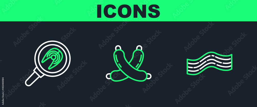 Set line Bacon stripe, Fish steak in frying pan and Crossed sausage icon. Vector Set line Bacon stripe, Fish steak in frying pan and Crossed sausage icon. Vector