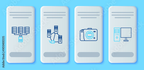 Set line Computer network, Mirrorless camera, Server, Data, Web Hosting and monitor icon. Vector