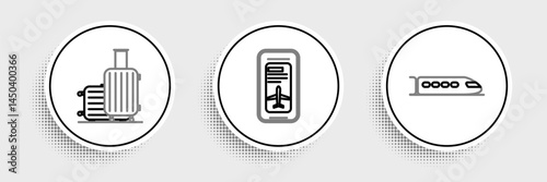 Set line Train, Suitcase for travel and Smartphone with electronic boarding pass airline ticket icon. Vector