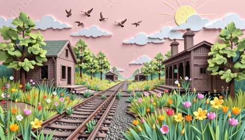 A bright and hopeful high resolution artwork in premium pastel paper cut style, featuring an abandoned train station overtaken by wild nature